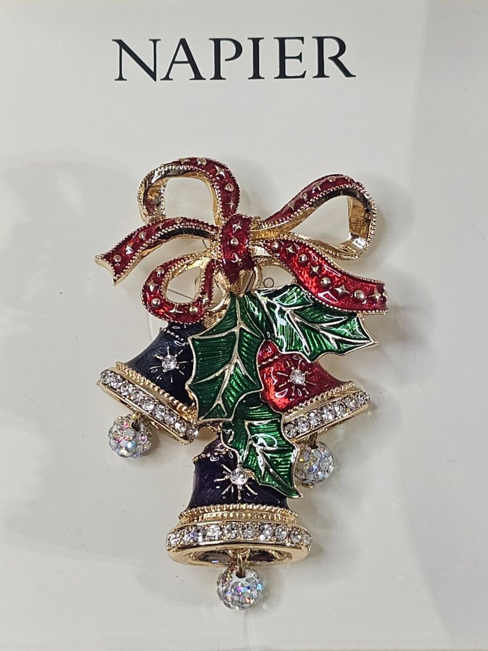 Napier Christmas Triple Bells Brooch Moving Rhinestone Clappers Enameled Jewelry